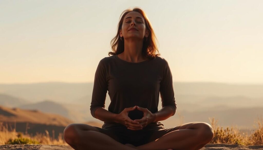A serene figure sits cross-legged, hands resting gently on their lap, eyes closed in deep contemplation. The scene is bathed in warm, natural lighting, casting a soft glow on the subject's face. In the background, a tranquil landscape unfolds, with rolling hills and a distant horizon line. The overall atmosphere conveys a sense of inner peace and emotional balance, reflecting the essence of self-regulation within emotional intelligence.