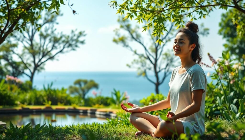 A serene garden oasis, with lush greenery and a tranquil pond reflecting the blue sky. In the foreground, a person sits in a meditative pose, their face radiating a sense of inner peace and contentment. Soft, diffused lighting bathes the scene, creating a calming, therapeutic atmosphere. The middle ground features gentle swaying trees and fragrant blooms, symbolizing the nourishment and rejuvenation of the mind and spirit. In the background, a distant horizon line blends seamlessly with the environment, conveying a sense of wholeness and integration. This image evokes a profound sense of mental well-being, where empathy and compassion are embodied in the harmony of the natural world.