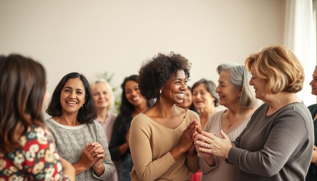 A serene gathering of women, supported by one another, their faces radiating warmth and empowerment. In the foreground, a group of diverse individuals - young and old, engaged in lively conversation, hands clasped in solidarity. The middle ground showcases women of various backgrounds, offering comfort and encouragement to one another. In the distance, a softly lit backdrop of a cozy, nurturing environment, where a sense of community and belonging prevails. Soft, natural lighting illuminates the scene, casting a gentle glow and a mood of unity, resilience, and social support for the modern woman.