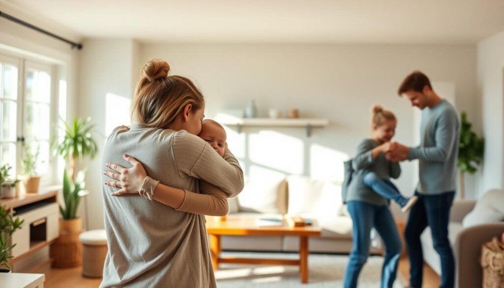 A serene home interior with a family engaged in daily activities, showcasing the principles of containment. In the foreground, a mother and child share a warm embrace, embodying emotional connection. The middle ground features a father and son collaborating on a household task, highlighting the practical application of containment. The background depicts a cozy living room, with natural lighting filtering through large windows, creating a calming atmosphere. The overall scene conveys a sense of harmony, balance, and the integration of containment into the rhythms of everyday life.