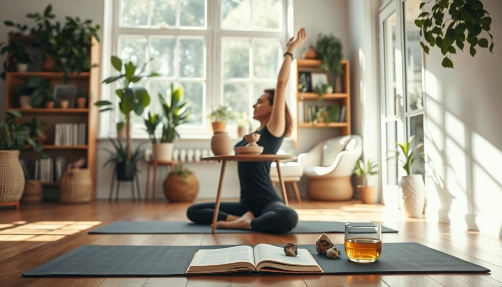A serene home interior with an abundance of natural light streaming in through large windows. The foreground features a yoga mat on the floor and a person performing a relaxing stretch pose, their face reflecting a sense of calm and mindfulness. In the middle ground, a small table displays a cup of herbal tea, a journal, and a few meditation crystals. The background showcases an array of potted plants, bookshelves, and a cozy reading nook, creating an atmosphere of tranquility and self-care. The overall mood is one of introspection, balance, and emotional well-being.