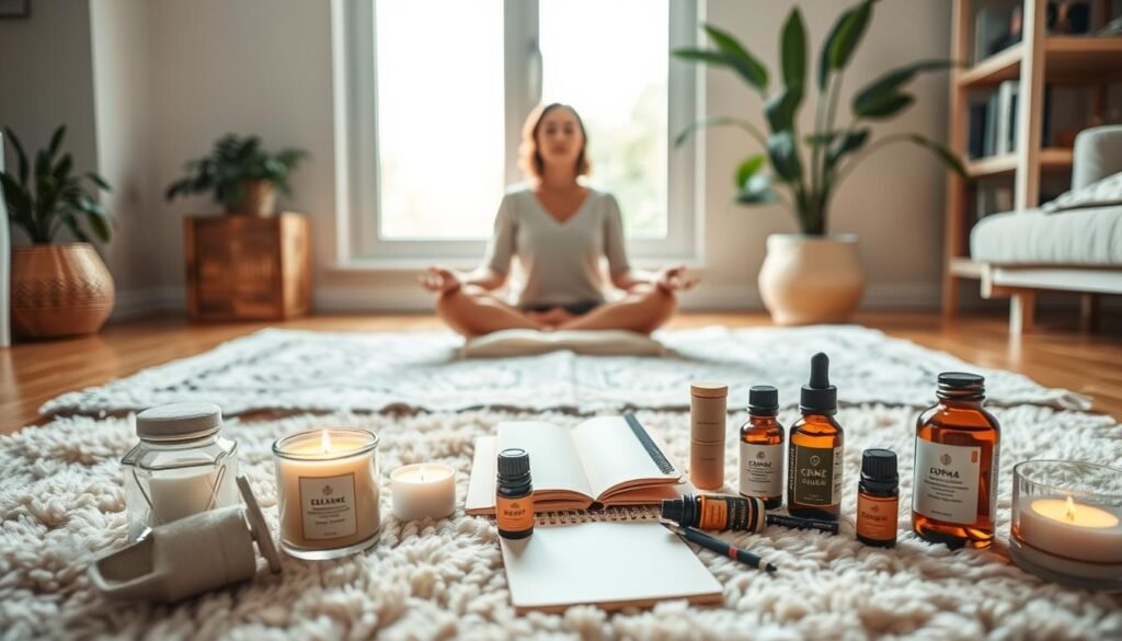 A serene home setting, with a person sitting cross-legged on a plush rug, surrounded by various calming elements. In the foreground, an array of self-care items such as scented candles, essential oils, and a journal. The middle ground features a meditation cushion and a potted plant, symbolizing mindfulness and growth. The background showcases a large window, allowing natural light to filter in and create a warm, peaceful atmosphere. The lighting is soft and diffused, evoking a sense of tranquility. The overall tone is one of introspection and self-reflection, highlighting the importance of personal coping mechanisms.