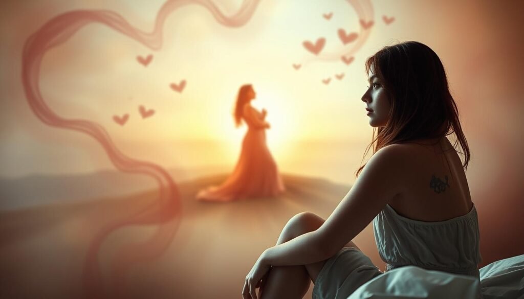 A serene, intimate scene depicting the psychological journey of love. In the foreground, a woman sits introspectively, her gaze conveying the vulnerability and emotional turmoil of the early stages of love. Surrounding her, swirling abstract shapes and hues symbolize the fluctuating emotions, from the initial flutter of infatuation to the deepening bonds of attachment. The middle ground features a pair of intertwined figures, their embrace representing the gradual growth and solidification of the relationship. In the background, a luminous, dreamlike landscape evokes the transformative power of love, casting a warm, ethereal glow over the entire composition. Soft, muted tones and a sense of delicate balance create an atmosphere of introspection and contemplation, inviting the viewer to reflect on the multifaceted psychological experience of love's evolution.