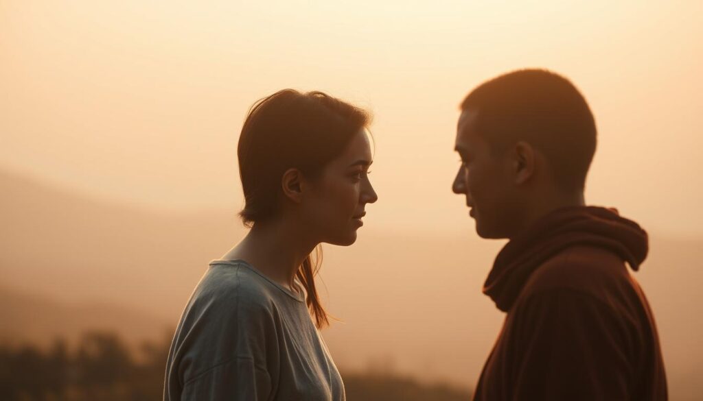 A serene, introspective scene depicting the essence of empathy and compassion. In the foreground, two figures face each other, their expressions gentle and their gaze filled with understanding. Soft, warm lighting casts a comforting glow, evoking a sense of connection and emotional intimacy. The background is a tranquil, muted landscape, suggesting a peaceful, contemplative space where empathy and compassion can flourish. The scene is captured through a medium-wide angle lens, creating a sense of balance and harmony. The overall mood is one of deep understanding, emotional resonance, and the profound power of human connection.