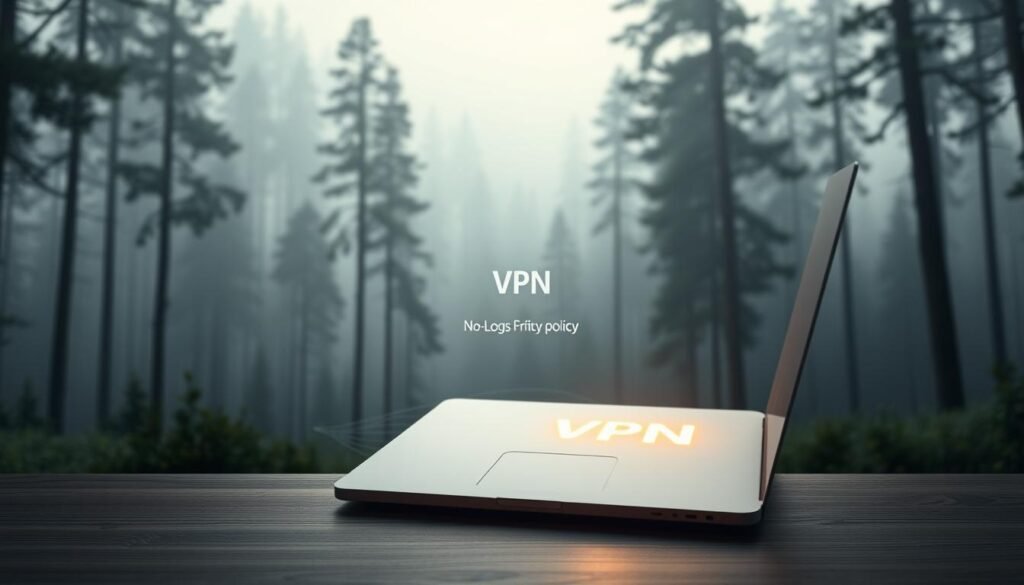 A serene landscape with a focus on a secure and private computer network, conveying the concept of "No-Logs" policy. In the foreground, a sleek, minimalist laptop with a glowing VPN connection indicator, casting a soft, ambient light. The middle ground features a stylized visualization of encrypted data packets, emphasizing the secure nature of the connection. In the background, a tranquil forest scene with towering trees and a calming, hazy atmosphere, symbolizing the privacy and protection offered by the VPN service. The overall composition should evoke a sense of trust, security, and the preservation of digital privacy.