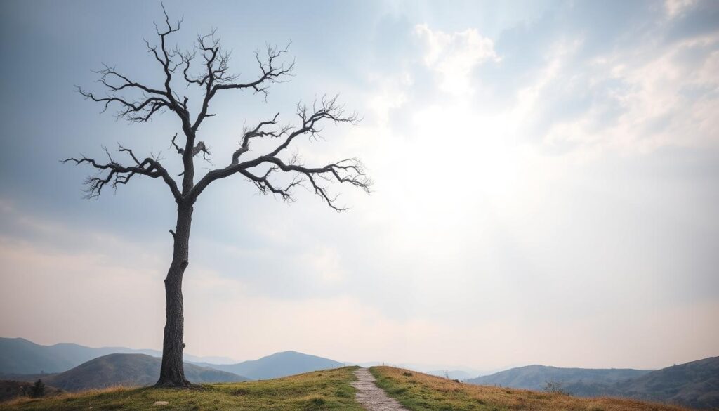 A serene landscape with a lone, weathered tree standing tall in the foreground, its gnarled branches reaching skyward against a backdrop of rolling hills and a calm, overcast sky. Sunlight filters through the clouds, casting a warm, diffuse glow over the scene. In the middle ground, a small, winding path leads towards the tree, symbolizing the journey of resilience. The overall atmosphere conveys a sense of quiet strength, adaptability, and the ability to weather life's storms.