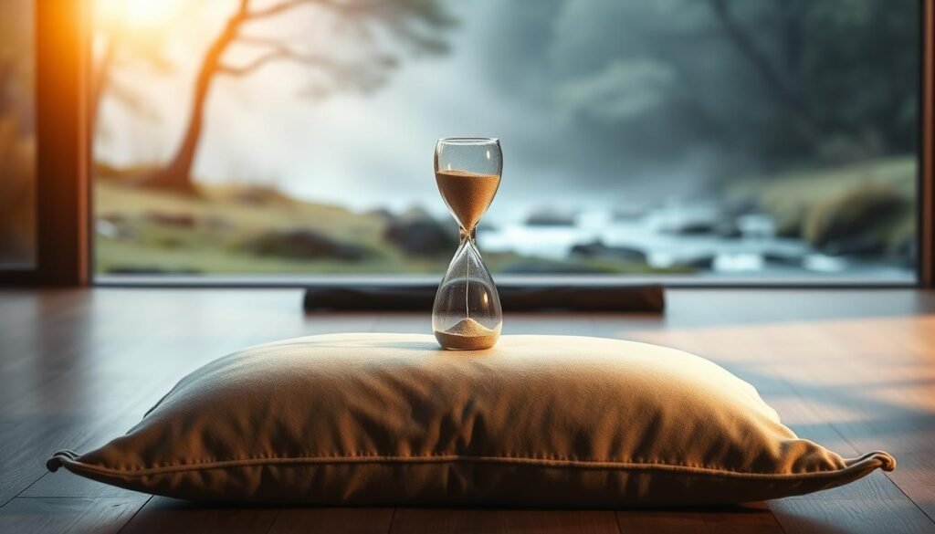 A serene meditation space with a plush cushion on the floor, bathed in warm, diffused lighting. In the middle ground, a small hourglass gently sifting grains of sand, symbolizing the passage of time and the art of embracing silence. The background features a tranquil landscape with a misty forest and a calming stream, evoking a sense of natural harmony. The overall atmosphere is one of introspection, mindfulness, and the rejuvenating power of quiet contemplation.