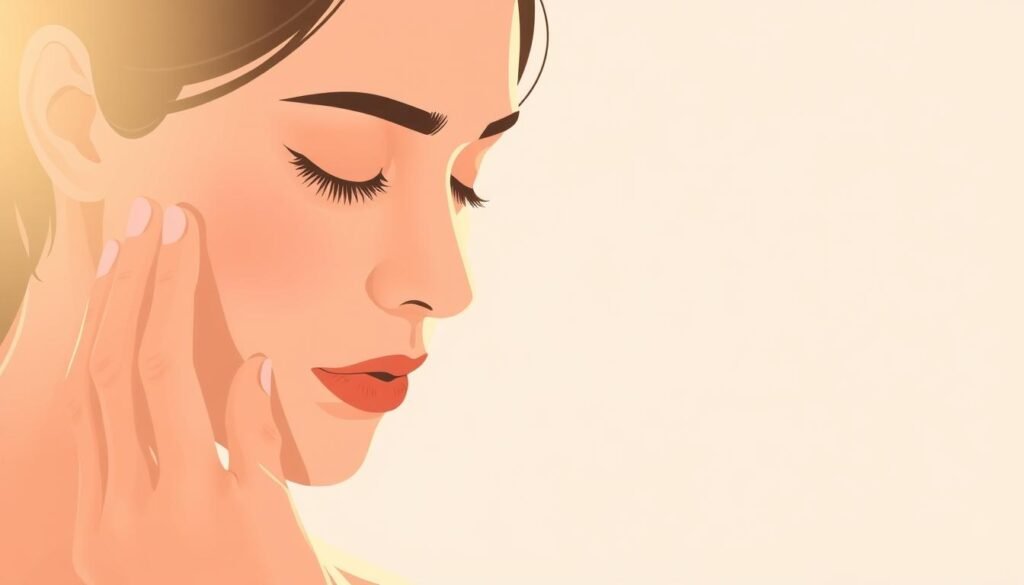 A serene, minimalist illustration depicting the concept of "body language" (لغة الجسد). In the foreground, a woman's face is gently illuminated, her eyes closed as she contemplates, her hand resting lightly on her cheek. The mid-ground features a softly blurred, neutral background, allowing the focus to remain on the woman's expressive gesture. The lighting is warm and natural, creating a calming, introspective atmosphere. The composition is balanced and harmonious, reflecting the nuanced, non-verbal communication of body language.