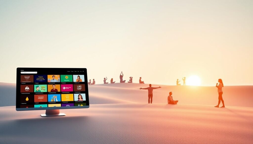 A serene, minimalist landscape showcasing the key features of the Mindvalley personal development platform. In the foreground, a sleek, modern interface with vibrant icons representing the diverse course offerings. The middle ground features silhouettes of people engaged in various activities like meditation, learning, and self-reflection, symbolizing the platform's focus on holistic growth. The background features a soft, gradient sky, conveying a sense of tranquility and personal enlightenment. Warm, natural lighting illuminates the scene, creating a welcoming and inspiring atmosphere. The overall composition emphasizes the platform's user-friendly design, comprehensive curriculum, and transformative potential for personal and spiritual development.