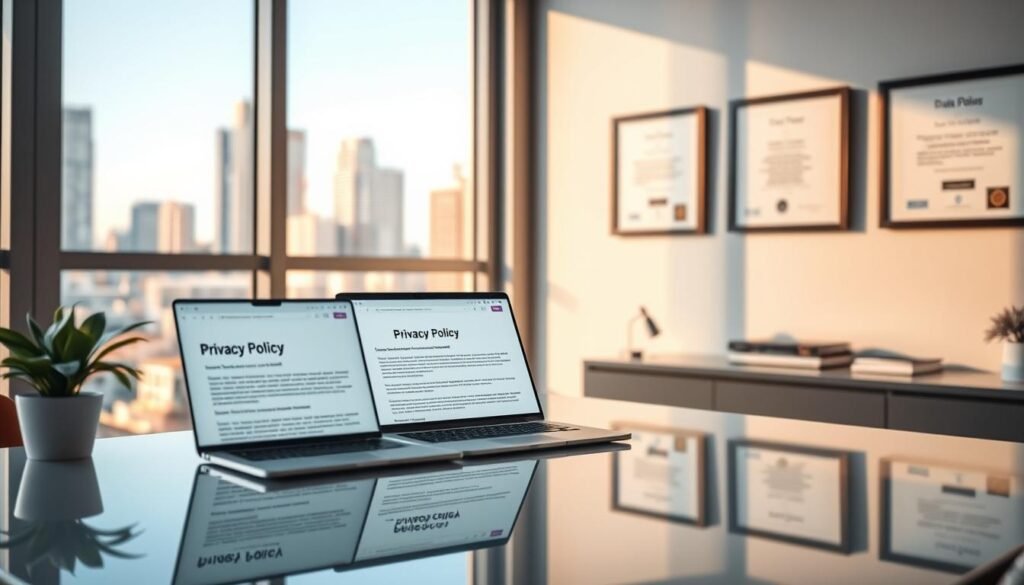A serene, minimalist office scene with a large window overlooking a city skyline. On the desk, a laptop displays a privacy policy webpage, its contents reflected in the sleek glass surface. Soft, natural lighting casts a warm glow, while a potted plant and a well-organized workspace convey a sense of professionalism and data security. The framed certificates on the wall suggest a reputable, trustworthy organization committed to protecting user information. The overall atmosphere is one of transparency, diligence, and a commitment to digital privacy.