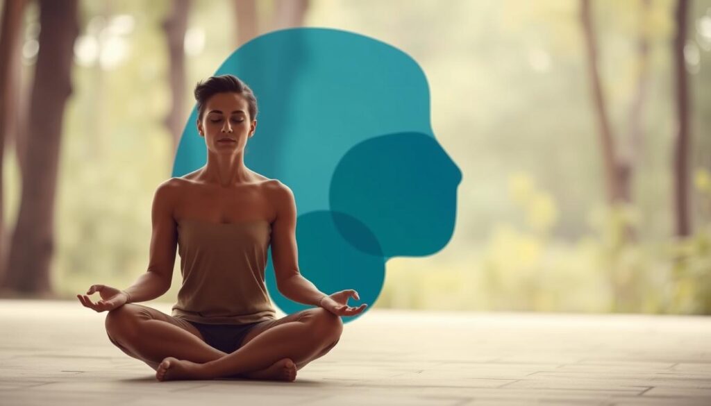 A serene, minimalist scene depicting the development of emotional intelligence skills. In the foreground, a person sitting in a meditative pose, eyes closed, with a tranquil expression. Their body language conveys a sense of calm and self-awareness. In the middle ground, abstract shapes and forms in soothing hues of blue and green, representing the inner emotional landscape. The background is a soft, blurred natural setting, perhaps a forest or garden, evoking a sense of harmony and connection with the environment. The lighting is soft and diffused, creating a warm, introspective atmosphere. Angles and composition emphasize the journey of self-discovery and personal growth.