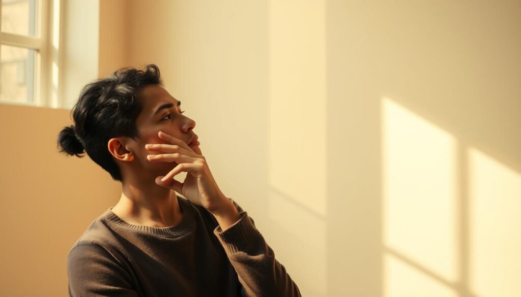 A serene, minimalist scene showcasing the power of nonverbal communication. Set in a softly lit, subtly textured interior, a pensive figure is captured mid-gesture, hand gently resting on the cheek. Warm, natural lighting casts a contemplative glow, inviting the viewer to reflect on the nuances of body language and its ability to convey emotion, intention, and connection. The composition is balanced, with ample negative space allowing the subject's pose to take center stage. An intimate, thought-provoking exploration of the unspoken language we all share.