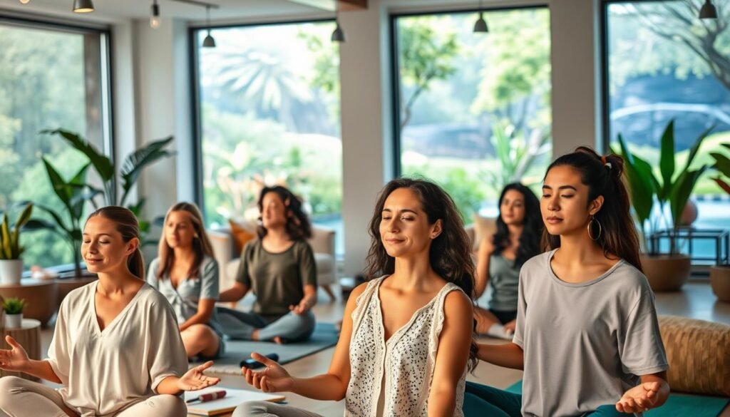 A serene, modern mental health treatment center, with a warm, inviting atmosphere. The foreground features a group of diverse individuals engaged in a mindfulness meditation session, their faces radiating calm and focus. The middle ground showcases various therapeutic tools and resources, such as art supplies, comfortable seating, and soothing natural lighting. The background depicts a tranquil, nature-inspired landscape, with lush greenery and a calming water feature, creating a sense of peace and rejuvenation. The overall scene conveys a holistic, personalized approach to mental health treatment, emphasizing the importance of mind-body connection and a supportive, nurturing environment.