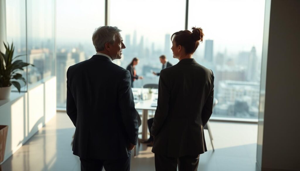 A serene office setting, illuminated by soft, natural lighting. In the foreground, two colleagues engaged in an earnest discussion, their body language and facial expressions conveying empathy and understanding. The middle ground features a team collaborating around a conference table, their interactions marked by attentive listening and open, respectful dialogue. In the background, a panoramic view of the city skyline, symbolizing the broader professional landscape. The overall atmosphere evokes a workplace where emotional intelligence is embraced, fostering trust, collaboration, and personal growth.