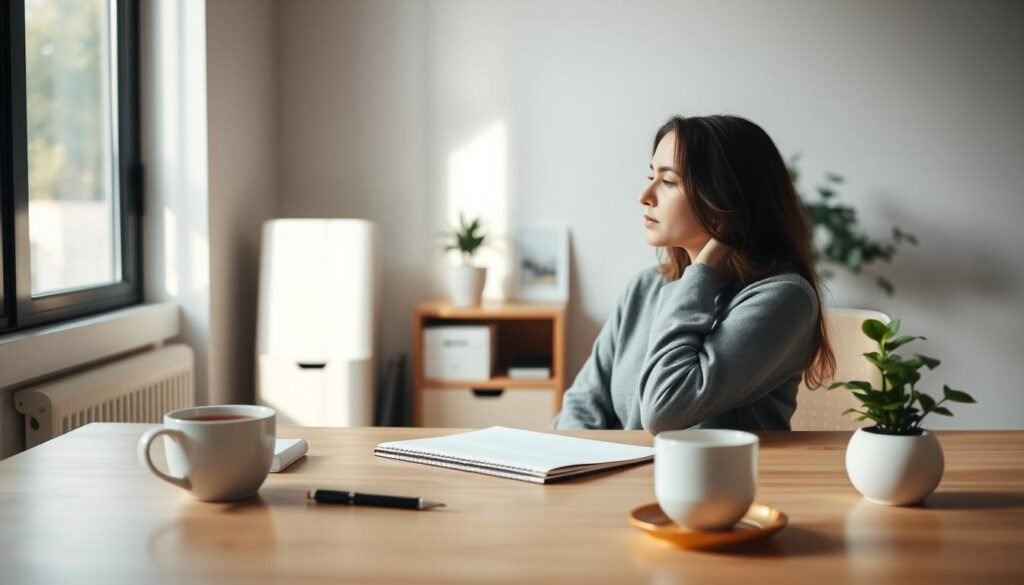 A serene office setting with a woman sitting at a desk, deep in thought. Soft natural lighting filters through the window, casting a calming glow. On the desk, a notebook and pen, a cup of tea, and a small potted plant, symbolizing mindfulness and stress management techniques. The background features minimalist decor, with neutral tones and clean lines, creating a tranquil atmosphere. The woman's expression is contemplative, reflecting the process of introspection and the exploration of strategies to manage psychological pressure. The scene conveys a sense of balance, control, and a proactive approach to mental wellbeing.