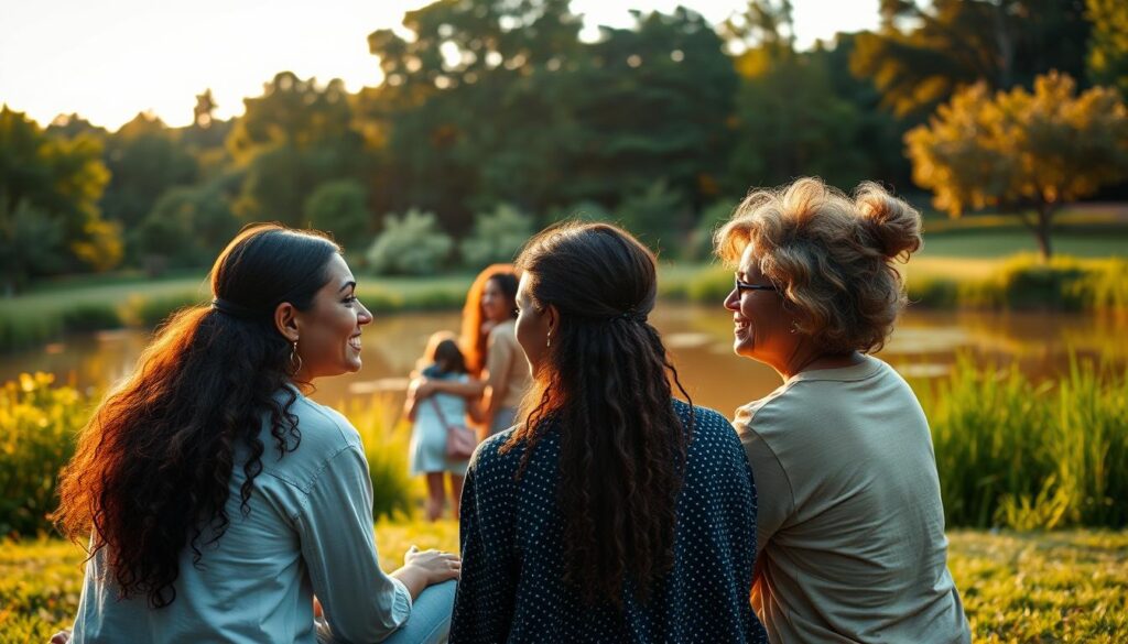 A serene outdoor scene with lush green foliage, a clear sky, and a warm, golden sunlight that casts a gentle glow over a group of diverse individuals. In the foreground, two people sit face-to-face, their expressions radiating empathy and compassion as they engage in a heartfelt conversation. In the middle ground, a small group of people embrace, their body language conveying a sense of connection and understanding. In the background, a tranquil pond reflects the natural surroundings, creating a calming and introspective atmosphere. The overall composition evokes a feeling of harmony, mindfulness, and the power of human connection.