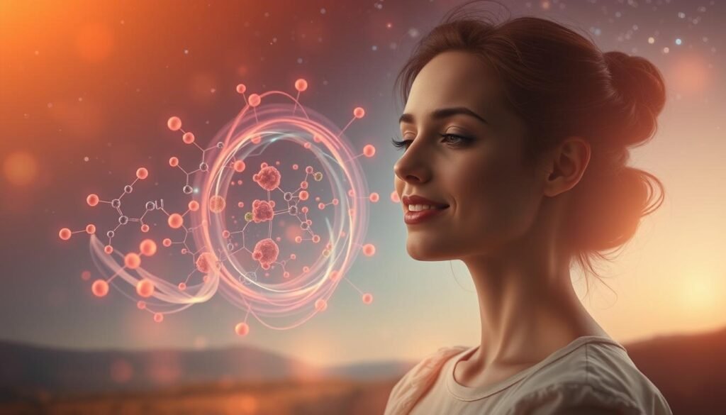 A serene, romantic scene depicting the biochemistry of love and its impact on a woman's psyche. In the foreground, a delicate, ethereal female figure surrounded by a soft, glowing aura, her expression radiating a sense of calm and inner fulfillment. In the middle ground, a swirling array of colorful molecular structures and chemical bonds, representing the complex neurochemical processes underlying the emotional experience of love. In the background, a dreamlike landscape with a starry night sky, hinting at the profound, transcendent nature of this phenomenon. Warm, diffused lighting casts a gentle, intimate glow over the entire composition, creating an atmosphere of tenderness and introspection.