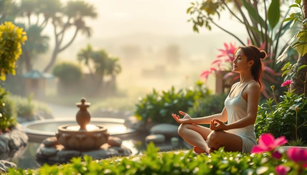 A serene sanctuary of self-care, a tranquil garden oasis reflecting the journey of recovery. In the foreground, a person seated in a relaxed lotus position, eyes closed, hands in a gentle mudra, radiating an aura of inner peace. The middle ground features lush greenery - flourishing plants, blooming flowers, and a soothing water feature. Soft, warm lighting bathes the scene, creating a calming ambiance. In the background, a muted, dreamlike landscape unfolds, symbolizing the expansive possibilities for growth and healing. The overall composition conveys a sense of harmony, resilience, and the empowering process of reclaiming one's wellbeing.