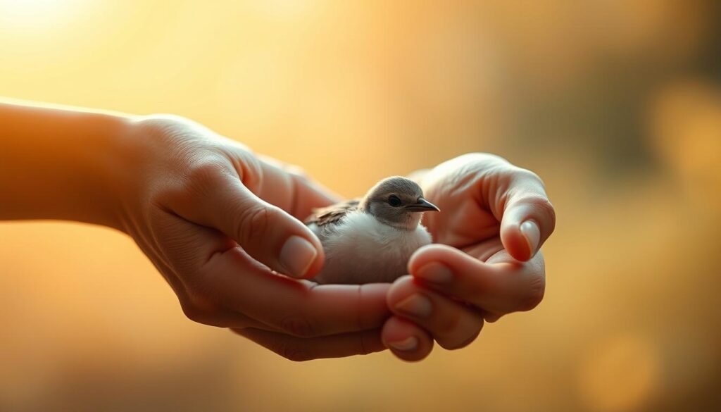 A serene scene depicting the essence of compassion and empathy. In the foreground, a pair of hands gently cradling a fragile bird, conveying a sense of tenderness and care. The middle ground features a soft, blurred background of soothing colors, creating a tranquil atmosphere. Warm, diffused lighting bathes the scene, evoking a sense of comfort and understanding. The overall composition aims to visually encapsulate the nuanced differences between compassion (the cradling hands) and empathy (the emotional connection felt through the scene).