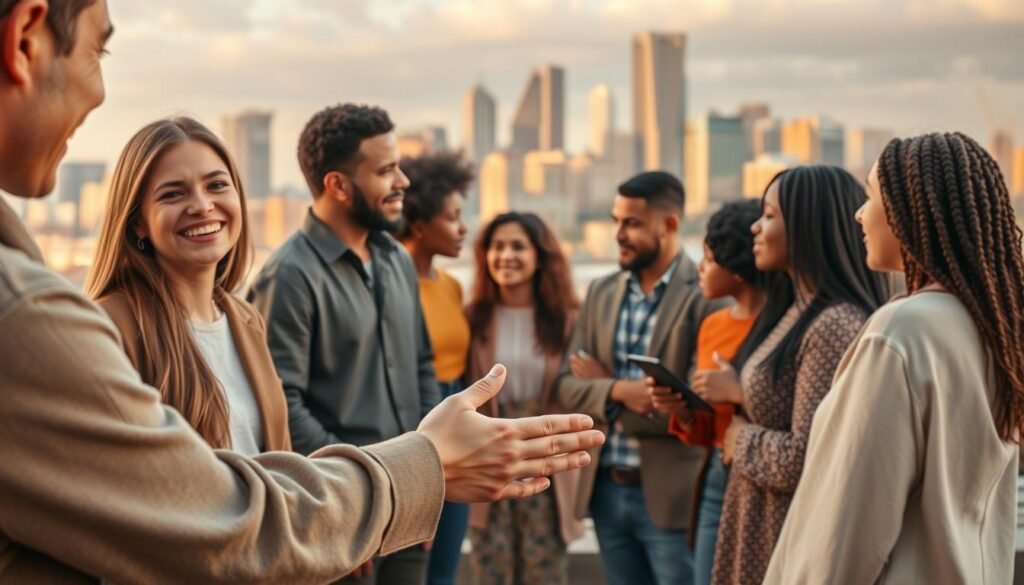 A serene scene depicting the practical applications of empathy. In the foreground, a person extends a comforting hand to another, their expressions radiating understanding and care. The middle ground showcases diverse individuals engaging in thoughtful dialogue, their body language indicating active listening and mutual respect. In the background, a vibrant city skyline serves as a backdrop, suggesting the real-world contexts where empathy can be cultivated and applied. Warm, soft lighting illuminates the scene, creating an atmosphere of harmony and connection. Captured through a medium-wide lens, the composition invites the viewer to witness the tangible impacts of empathy in everyday life.