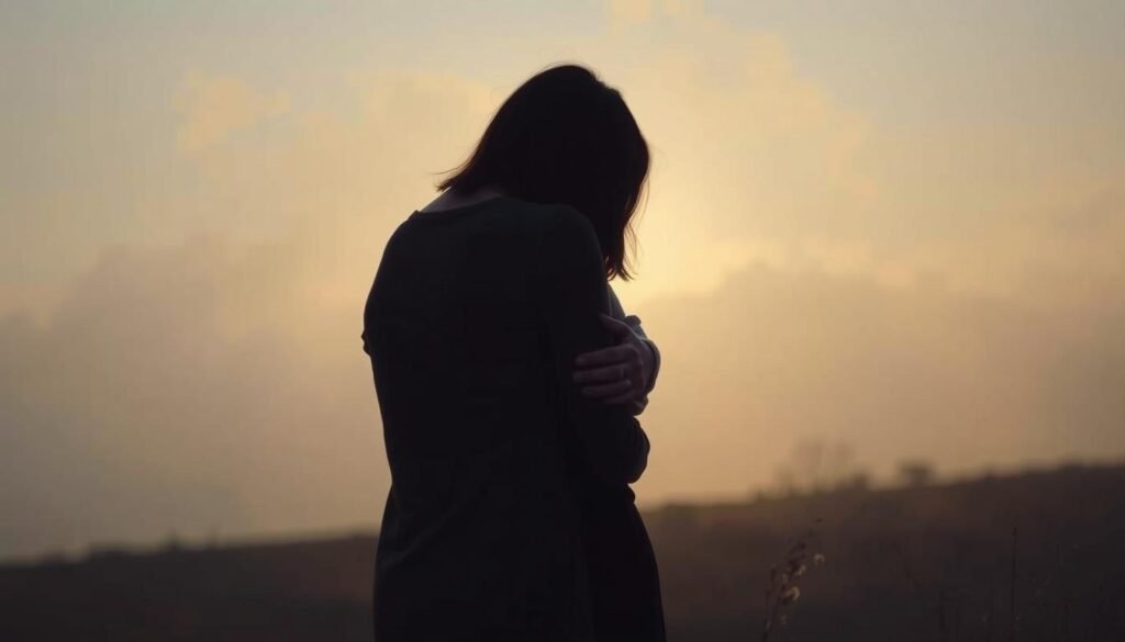 A serene scene of personal connection and emotional intimacy. In the foreground, two figures embracing, their silhouettes blending into a warm, comforting embrace. Soft, diffused lighting bathes the scene, creating a sense of tenderness and vulnerability. The background is a hazy, dreamlike landscape, suggesting a safe, secluded space for the pair to connect. Subtle textures and muted colors evoke a sense of emotional depth and thoughtfulness. The composition conveys a sense of emotional containment, of being held and supported within the confines of the personal relationship.