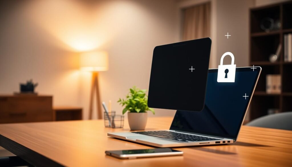 A serene, secure office environment with subtle yet effective privacy and security measures. A tasteful desk setup with a sleek, modern laptop, a privacy screen filter, and a discreet webcam cover. The middle ground features a potted plant and a small desk organizer, conveying a sense of focus and control. The background showcases a minimalist, well-lit room with warm lighting and neutral tones, creating a calming, professional atmosphere. Subtle security icons, such as a lock or shield, are tastefully integrated into the design, highlighting the importance of digital privacy and protection without being overbearing.