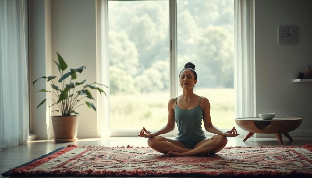 A serene, softly lit scene depicting effective treatments for emotional health. In the foreground, a person sits cross-legged on a plush, colorful rug, meditating with eyes closed and a peaceful expression. Behind them, an array of natural, calming elements - a potted plant, a soothing water feature, and a large window overlooking a tranquil, natural landscape. The lighting is soft and diffused, creating a warm, welcoming atmosphere. The overall mood is one of introspection, balance, and emotional well-being. Subtle, yet impactful visual cues suggest the holistic, multi-faceted nature of effective treatments for chronic depression.
