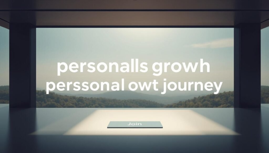 A serene, sun-dappled platform with sleek, modern design elements. In the foreground, a minimalist, elegant interface with a prominent "Join" button, inviting the viewer to become part of the personal growth journey. The middle ground features stylized icons and graphics, hinting at the diverse range of courses and programs available. The background showcases a tranquil, natural landscape, symbolizing the balance between personal development and the natural world. The overall mood is one of invitation, simplicity, and the promise of transformation. Soft, directional lighting casts a warm, welcoming glow across the scene.