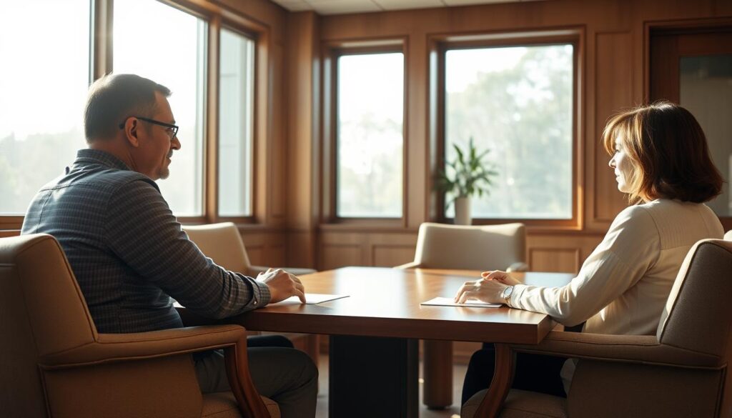 A serene, sunlit conference room with warm wood furnishings and plush seating. Two people, a man and a woman, sit across a table, engaged in earnest discussion, their body language reflecting a sense of understanding and compromise. Soft natural light filters through large windows, casting a gentle glow on the scene. The atmosphere conveys a sense of conflict resolution, with the figures appearing calm and focused, their expressions thoughtful as they work towards a peaceful solution.