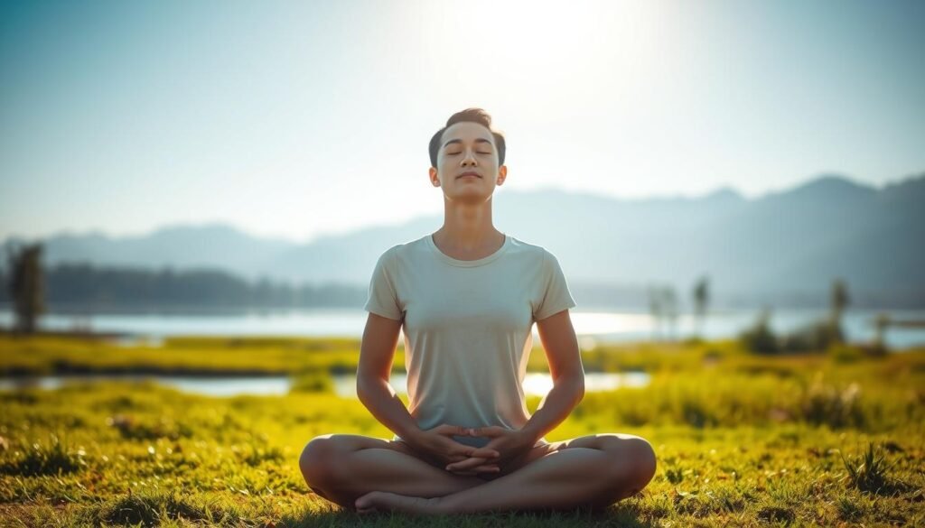 A serene, sunlit landscape with a person sitting cross-legged in a meditative pose, surrounded by lush greenery and a tranquil lake. The individual's face is peaceful, eyes closed, hands resting gently on their lap, conveying a sense of inner calm and emotional awareness. In the background, subtle silhouettes of trees and mountains create a serene, contemplative atmosphere. Soft, warm lighting filters through the scene, evoking a sense of introspection and personal growth. The overall composition encourages the viewer to pause, reflect, and consider the importance of developing emotional intelligence.