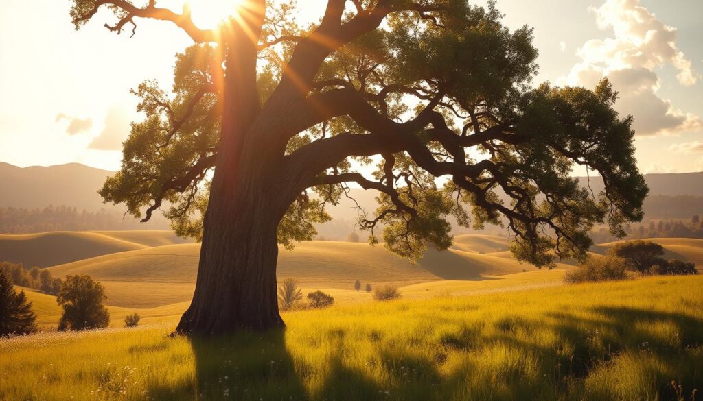 A serene, sunlit landscape with a towering, resilient oak tree in the foreground, its thick trunk and gnarled branches casting a protective shadow. The middle ground features a lush, verdant meadow with wildflowers swaying in a gentle breeze. In the background, rolling hills dotted with fluffy white clouds create a sense of tranquility and peacefulness. The lighting is warm and golden, evoking a feeling of strength and stability. The composition is balanced, with the oak tree as the central focus, symbolizing the power of resilience and emotional fortitude.