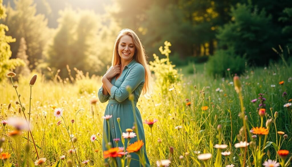 A serene, sunlit meadow with vibrant wildflowers in the foreground. In the middle ground, a woman stands with a peaceful, content expression, her gaze softened as she embraces her partner's embrace. The background is a lush, verdant forest, casting a warm, gentle glow. The overall scene radiates a sense of emotional fulfillment, inner calm, and the positive, uplifting impact of a loving relationship.