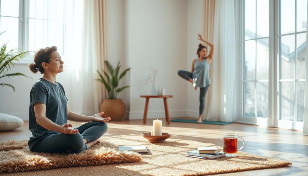 A serene, sunlit room where individuals practice emotional resilience exercises. In the foreground, a person sits cross-legged on a plush, earthy-toned rug, eyes closed in meditation. Nearby, another person gracefully flows through gentle yoga poses, their movements fluid and intentional. The middle ground features a small table with soothing aromatherapy candles, a journal, and a cup of herbal tea. The background showcases a large window, allowing natural light to pour in, creating a calming, rejuvenating atmosphere. The overall scene conveys a sense of mindfulness, self-care, and the cultivation of inner strength.
