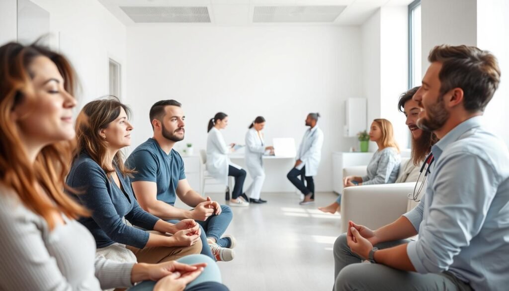 A serene, well-lit clinical setting with white walls and modern, minimalist furnishings. In the foreground, a group of people, both male and female, engaged in various forms of therapeutic activities like group counseling, art therapy, and mindfulness exercises. Their expressions convey a sense of calm, focus, and healing. In the background, glimpses of medical professionals, nutritionists, and support staff, working together to provide a comprehensive, holistic approach to eating disorder treatment. The lighting is soft and natural, creating a warm, nurturing atmosphere. The overall scene conveys a sense of hope, progress, and the possibility of recovery.