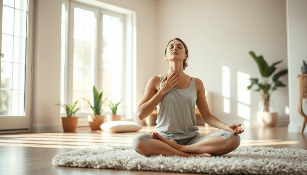 A serene, well-lit home interior with natural lighting filtering through large windows. In the foreground, a person sits cross-legged on a plush rug, practicing deep, mindful breathing exercises. Their eyes are closed, and they exhibit a sense of calm and focus. In the middle ground, a few houseplants and a simple meditation cushion create a peaceful, zen-like atmosphere. The background features soft, muted colors, perhaps a bookshelf or a simple piece of artwork, conveying a sense of balance and tranquility. The overall scene radiates a sense of wellness, healthy habits, and self-care.