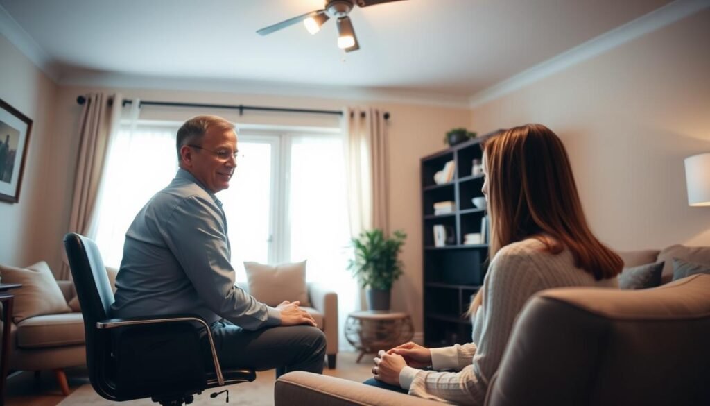 A serene, well-lit home office setting with a therapist and client engaged in a direct, online counseling session. The therapist, dressed professionally, sits across from the client, who is leaning forward attentively. The room has a warm, inviting atmosphere, with soft lighting, neutral-toned furnishings, and a sense of privacy and comfort. The camera angle captures the interaction, emphasizing the connection and engagement between the two individuals. The overall scene conveys the ease and accessibility of online therapy, reflecting the services offered by online-therapy.com.
