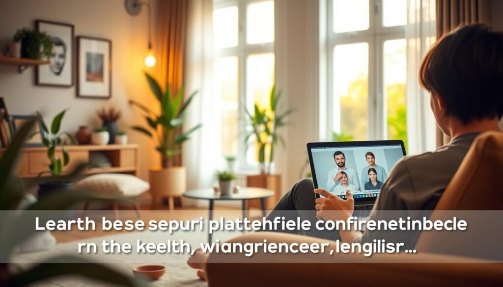 A serene, well-lit interior scene showcasing the benefits of learning English with Cambly. In the foreground, a person sits comfortably, engaged in an online language lesson on a laptop. The middle ground features a tasteful, modern home decor with plants and cozy furnishings, creating a relaxing, inviting atmosphere. The background depicts a warm, softly-lit window view, suggesting a sense of openness and connection to the outside world. The overall composition conveys the ease, comfort, and effectiveness of practicing English conversation skills from the convenience of one's own home.