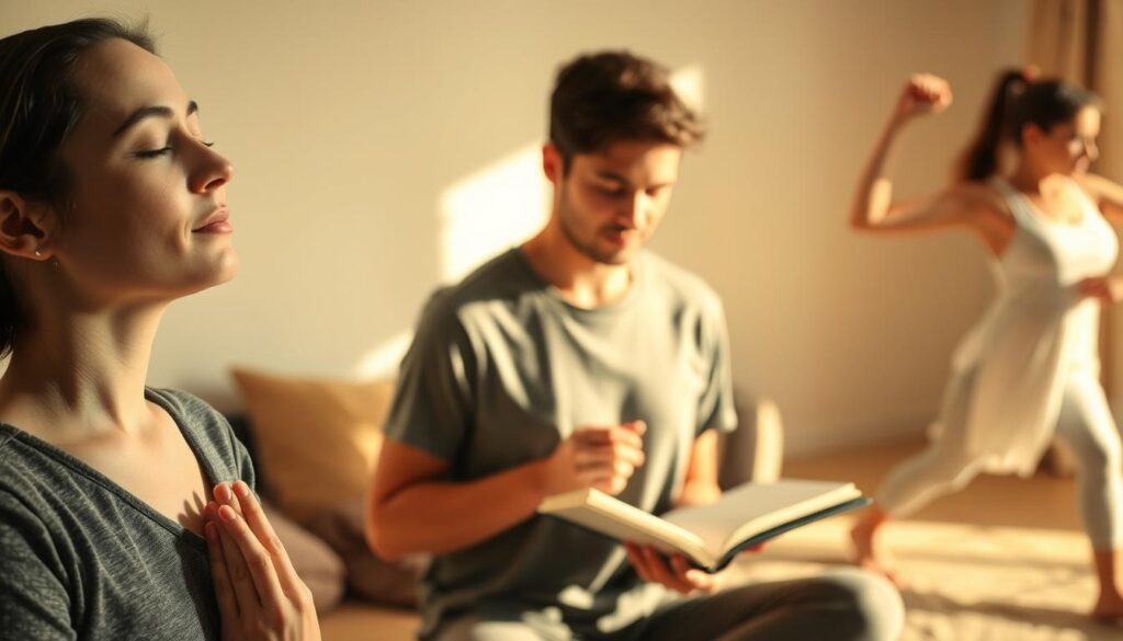 A serene, well-lit scene showcasing various emotional regulation strategies. In the foreground, a person practicing mindful breathing, their eyes closed and expression calm. In the middle ground, a person journaling, their face reflecting deep introspection. In the background, a person engaging in light physical exercise, their movements fluid and graceful. The scene is bathed in warm, natural lighting, creating a soothing atmosphere. The overall composition conveys a sense of balance, self-awareness, and the interconnectedness of emotional, cognitive, and physical well-being.