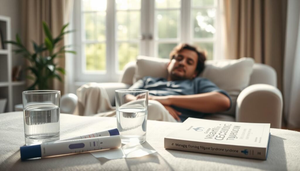 A serene, well-lit study filled with natural sunlight streams through large windows, revealing a person resting on a comfortable chaise lounge. Their expression conveys a sense of fatigue and listlessness, as if the weight of chronic exhaustion weighs heavily upon them. In the foreground, medical test results, a glass of water, and a book on managing chronic fatigue syndrome create a sense of the individual's struggle with this debilitating condition. The background is softly blurred, allowing the viewer to focus on the subject's palpable weariness. The overall atmosphere evokes a sense of empathy and understanding for the challenges faced by those living with chronic fatigue syndrome.