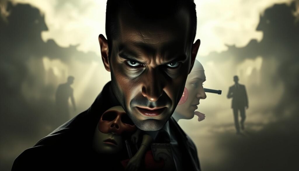 A sinister, brooding figure stands in the foreground, their expression cold and calculating. Subtle hints of malice lurk behind their eyes, a predatory gaze that seems to penetrate the viewer's soul. The figure is illuminated by a harsh, directional light, casting deep shadows that accentuate the sharp, angular features of their face. In the middle ground, a kaleidoscope of disjointed and unsettling images swirls and fragments, reflecting the psychopath's fractured and manipulative mindset. Subtle details like a severed hand, a discarded mask, and a chess piece suggest a methodical, game-like approach to interpersonal relationships. The background is a hazy, dreamlike realm, where reality and perception blur together. Ominous shadows loom in the distance, hinting at the psychopath's propensity for deception and their ability to blend seamlessly into their surroundings, hiding in plain sight. The overall atmosphere is one of unease and discomfort, capturing the essence of the psychopathic personality and its