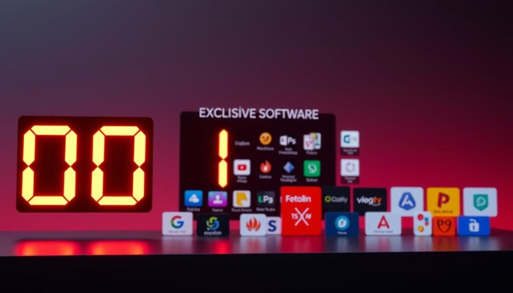 A sleek and modern countdown display showcasing exclusive software deals. The foreground features a digital timer ticking down the seconds, the numbers illuminated with a vibrant neon glow against a dark background. In the middle ground, a collection of software icons and logos are arranged in a visually striking layout, hinting at the various deals on offer. The background is a minimalist, gradient-driven environment, creating a sense of depth and emphasizing the key elements. The overall mood is one of anticipation and excitement, inviting the viewer to explore the limited-time opportunities. Crisp lighting and a slightly tilted camera angle add a dynamic touch to the composition.