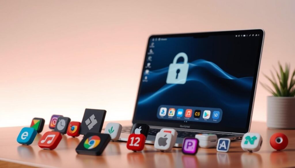 A sleek and secure desktop app suite with an elegant user interface, illuminated by soft, diffused lighting. The foreground features various app icons, symbolizing the breadth of software available, while the middle ground showcases a padlock icon, denoting the security and reliability of the SetApp platform. The background depicts a serene, minimalist setting, reflecting the platform's trustworthy and dependable nature. The overall composition conveys a sense of professionalism, safety, and the seamless integration of multiple applications within a single, cohesive ecosystem.