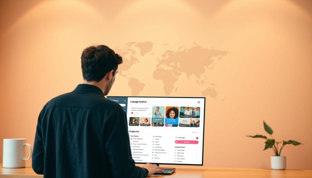 A sleek, minimalist interface with a warm, inviting color palette. In the foreground, a student interacts with a personalized dashboard, navigating intuitive lesson plans and progress tracking tools. The middle ground features a diverse array of language learning resources, including interactive exercises, audio recordings, and video lessons. In the background, a subtle world map or cultural imagery suggests the global reach and multilingual focus of the platform. Soft, directional lighting creates a sense of depth and professionalism, while a clean, responsive design conveys the platform's user-friendly and accessible nature.
