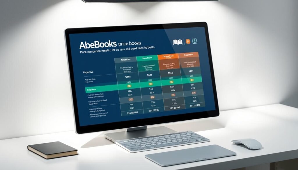 A sleek, modern AbeBooks price comparison chart displayed on a minimalist desktop. The chart features a clean, infographic-style layout with distinct sections highlighting key pricing details for rare and used books. Vibrant colors like blue, green, and orange create visual interest, while precise data visualizations convey information at a glance. Soft, directional lighting from an overhead source casts subtle shadows, giving the scene a professional, high-quality feel. The overall composition emphasizes clarity, organization, and the value proposition of AbeBooks as an authoritative source for book pricing and deals.