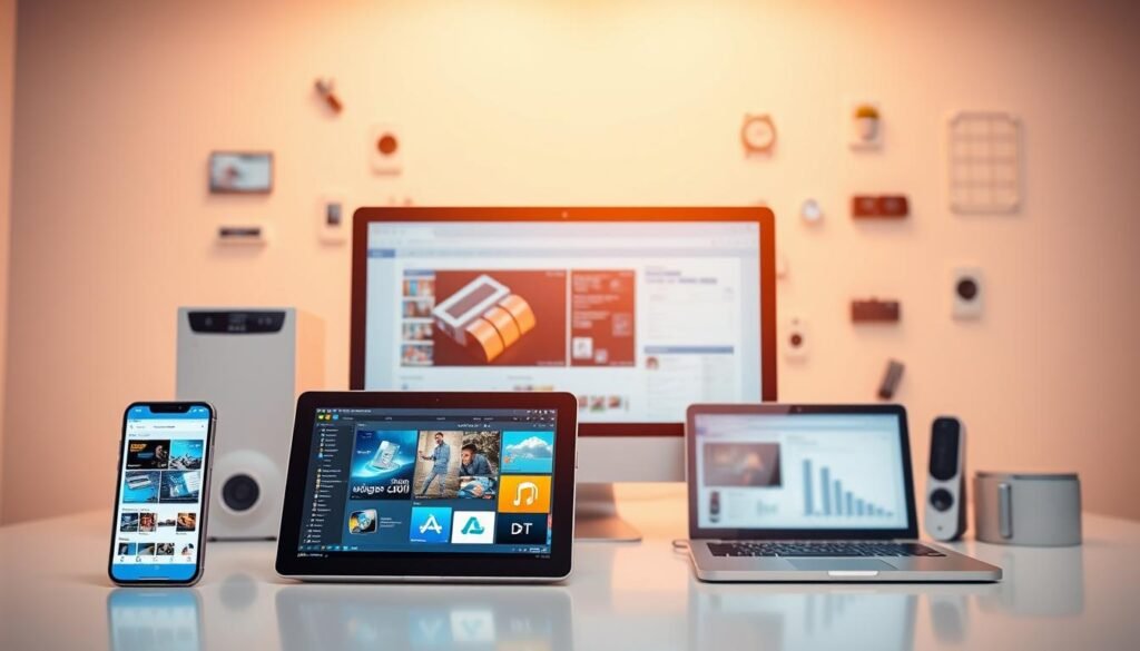 A sleek, modern interface showcasing seamless compatibility between a variety of devices and applications. In the foreground, a smartphone and tablet display complementary digital content, their screens interacting in a fluid, responsive manner. The middle ground features a laptop and desktop computer, their windows and windows frames aligning harmoniously. In the background, an array of internet-enabled devices, from smart home appliances to wearable tech, create a cohesive, interconnected ecosystem. Warm, ambient lighting accentuates the clean, minimalist aesthetic, conveying a sense of efficiency, reliability, and technological integration. The overall composition emphasizes the effortless synergy between hardware and software, reflecting the seamless user experience.