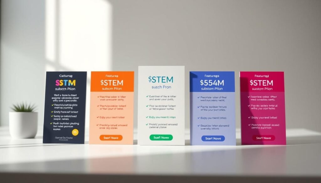 A sleek, modern interface showcasing the various STEM subscription pricing options. In the foreground, vibrant icons and cards depict the different tiers, highlighting the features and benefits of each plan. The midground features a clean, minimalistic layout with a harmonious color palette, guiding the viewer's attention to the key details. The background maintains a subtle, blurred gradient, creating a sense of depth and focus. Subtle lighting from the side casts gentle shadows, adding depth and dimensionality to the scene. The overall composition is designed to be visually appealing, informative, and reflective of the high-quality, educational nature of the STEM subscription service.