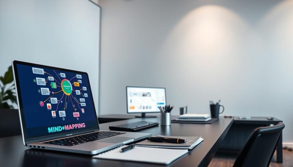 A sleek, modern office setting with a large desk showcasing an array of mind mapping tools. In the foreground, a laptop displays a vibrant, interconnected mind map, with color-coded branches and icons representing various concepts. On the desk, an array of stylish stationery items, including a pen and notebook, complement the digital tools. The middle ground features a large monitor displaying a mind mapping software interface, its clean design and intuitive layout evident. Soft, directional lighting creates a productive and focused atmosphere, with subtle shadows and highlights accentuating the details. The background features a minimalist, light-colored wall, creating a sense of openness and clarity, perfect for brainstorming and ideation.
