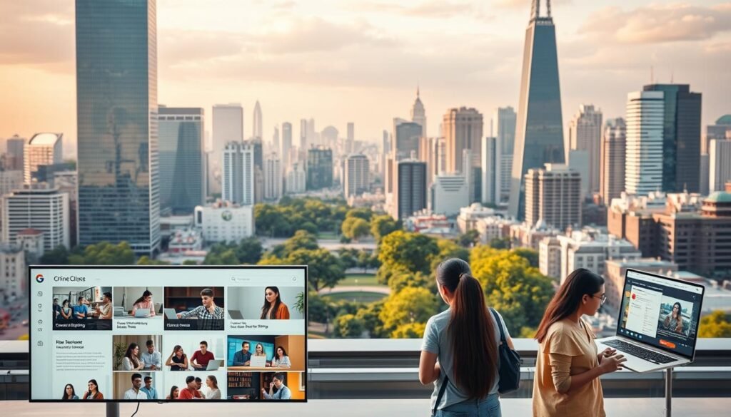 A sleek, modern online learning platform set against a backdrop of a vibrant, dynamic cityscape. In the foreground, a clean, minimalist interface with intuitive navigation and a range of course offerings displayed in elegant tiles. The middle ground features students of diverse backgrounds engaged in interactive lessons, collaborating on projects, and accessing multimedia resources. The background showcases a bustling metropolitan environment, with towering skyscrapers, verdant parks, and a sense of intellectual vibrancy and innovation. Warm, diffused lighting casts a welcoming glow, while a shallow depth of field emphasizes the platform's user-friendly focus. The overall composition conveys a sense of comprehensive, accessible education in a technologically advanced, cosmopolitan setting.