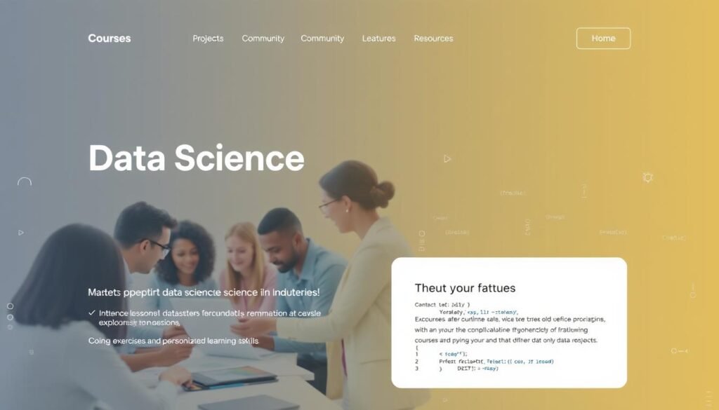 A sleek, modern website with a clean, minimalist design. The homepage features a large hero image showcasing a diverse group of people engaged in data science activities, such as analyzing datasets, visualizing insights, and collaborating on projects. The main navigation menu is prominently displayed at the top, with options for courses, projects, community, and resources. The middle section highlights the platform's key features, like interactive lessons, coding exercises, and personalized learning paths, all rendered in a crisp, high-resolution layout. In the background, a subtle pattern of data visualizations and code snippets creates a dynamic, tech-savvy atmosphere. The overall mood is one of professionalism, education, and a commitment to empowering individuals to master data science skills.