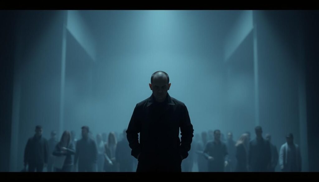A somber, atmospheric scene depicting the core symptoms of antisocial personality disorder. In the foreground, a lone figure stands with a vacant, emotionless expression, disconnected from their surroundings. Their body language conveys a sense of detachment and a disregard for social norms. In the middle ground, a blurred crowd of people represents the individual's inability to form meaningful connections and empathize with others. The background is shrouded in a hazy, muted palette, evoking a sense of isolation and a lack of emotional depth. The lighting is moody and shadowy, casting a somber, introspective mood over the entire scene. Realistic, detailed rendering with a cinematic, thought-provoking aesthetic.